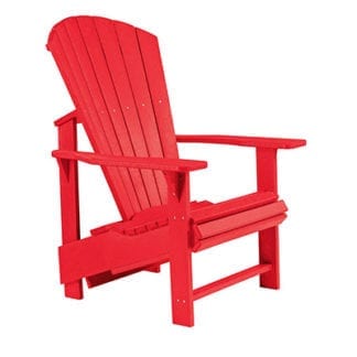 Red Recycled Plastic Upright Adirondack Chair by C.R. Plastic Products, showcasing the stylish and sustainable design, perfect for patios and docks, made in Canada.